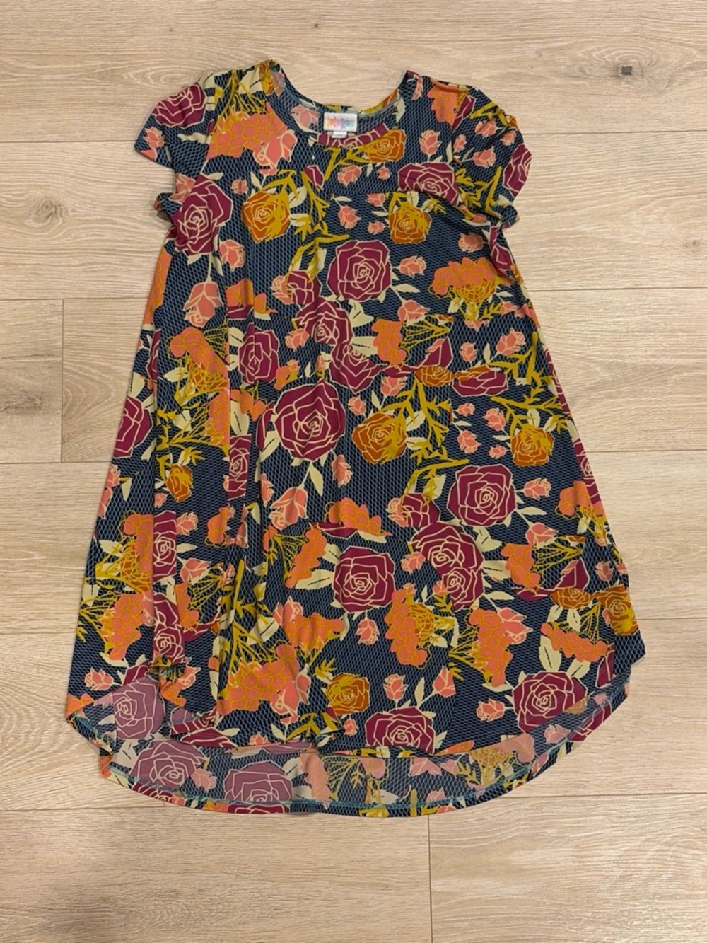 LuLaRoe Navy Floral Dress with Pink and Mustard Roses
